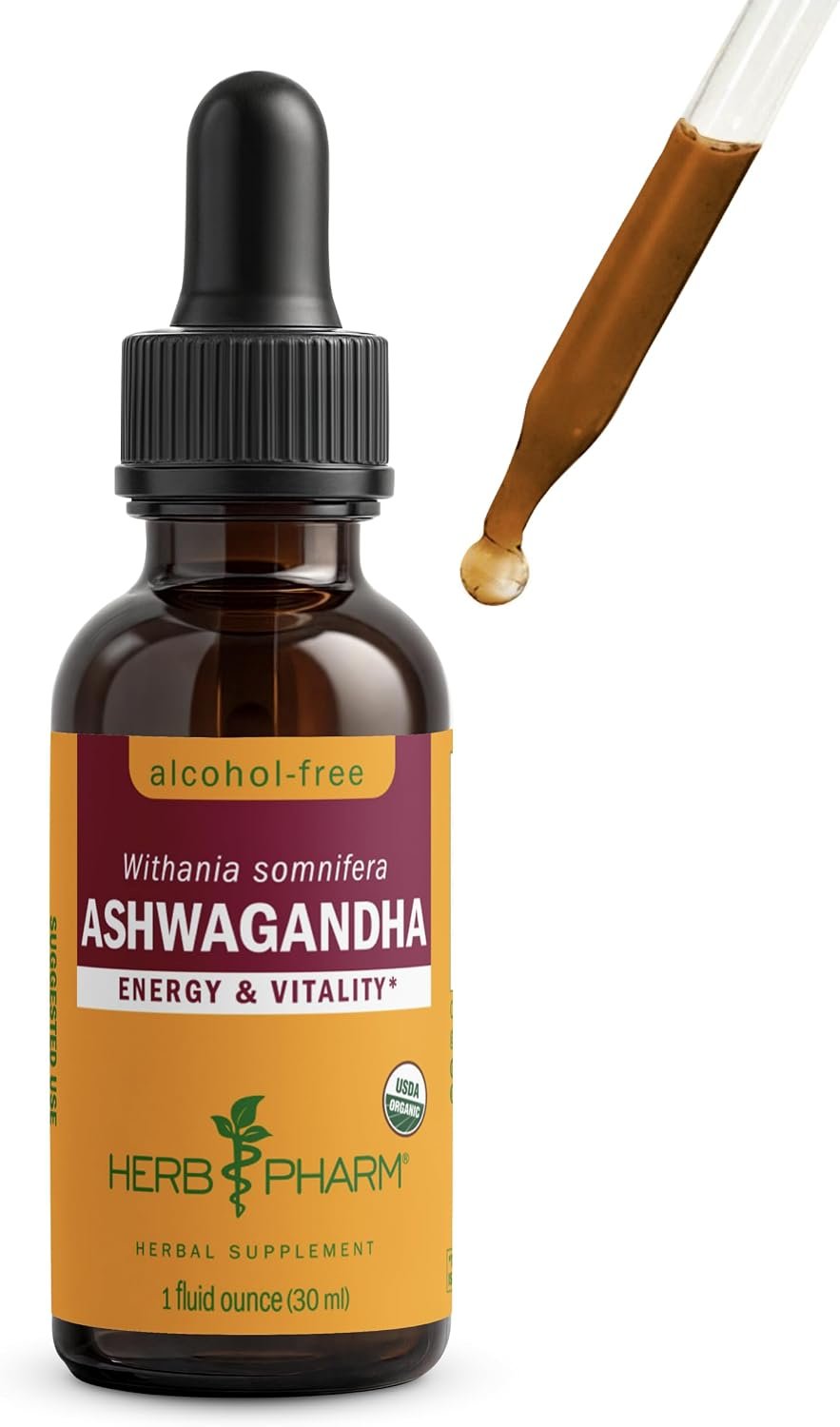 Herb Pharm Organic Ashwagandha Liquid Extract, Alcohol-Free: Mood Support Supplement, Vegan Ashwagandha Root Glycerite, Tasty Non-Bitter Adaptogen Extract for Adults, Non-GMO, 1 Oz