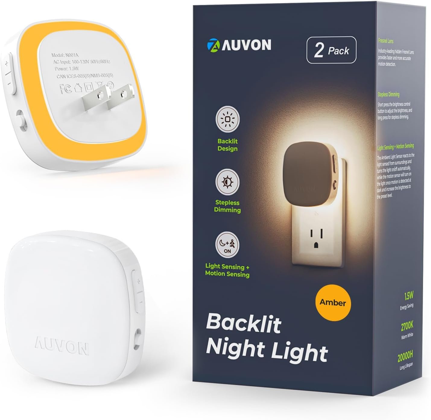 AUVON Plug-in LED Backlit Night Light, Motion & Dusk to Dawn Sensor, 2-Pack