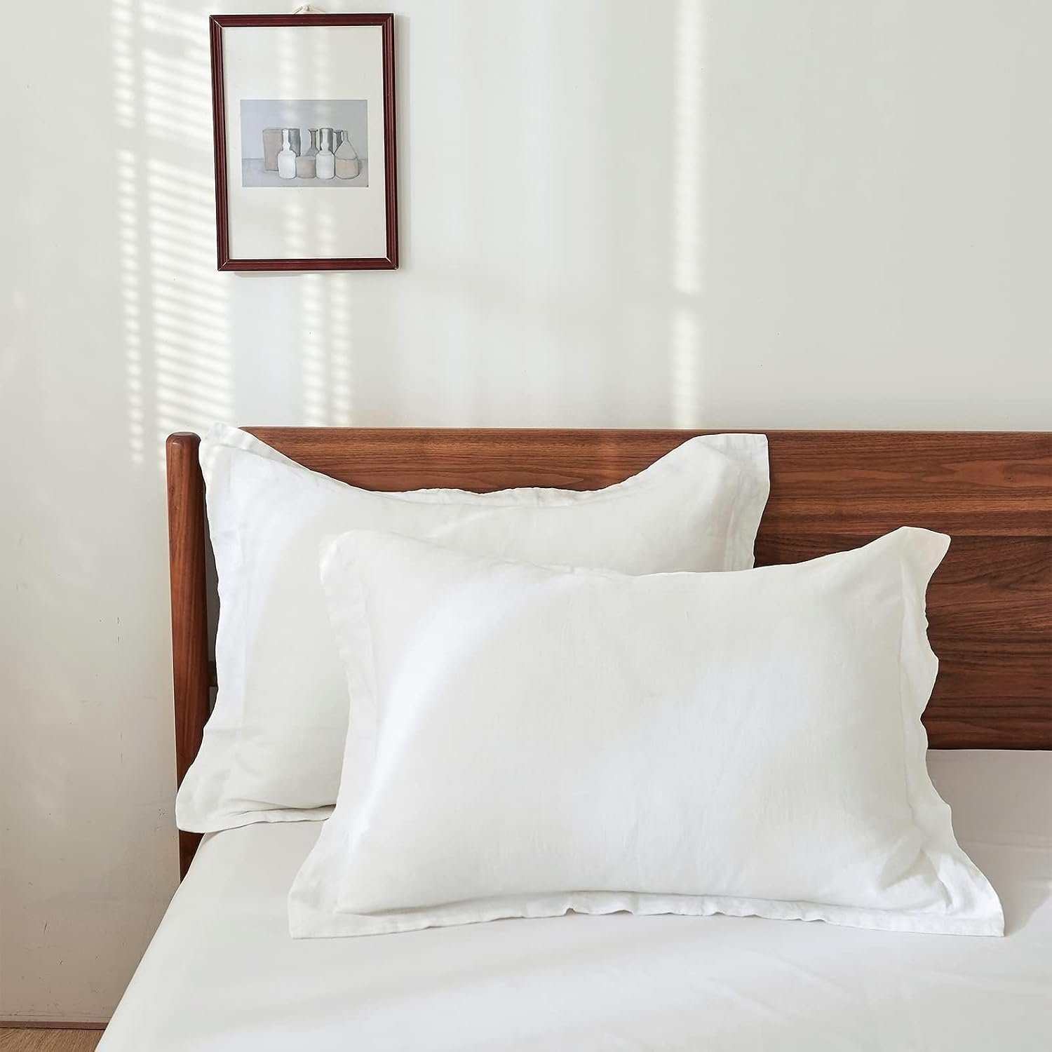 100% French Linen Pillow Shams Basic Style – Pack of 2 – Washed Solid Color Natural Flax Soft Breathable – White, 20” x 26”