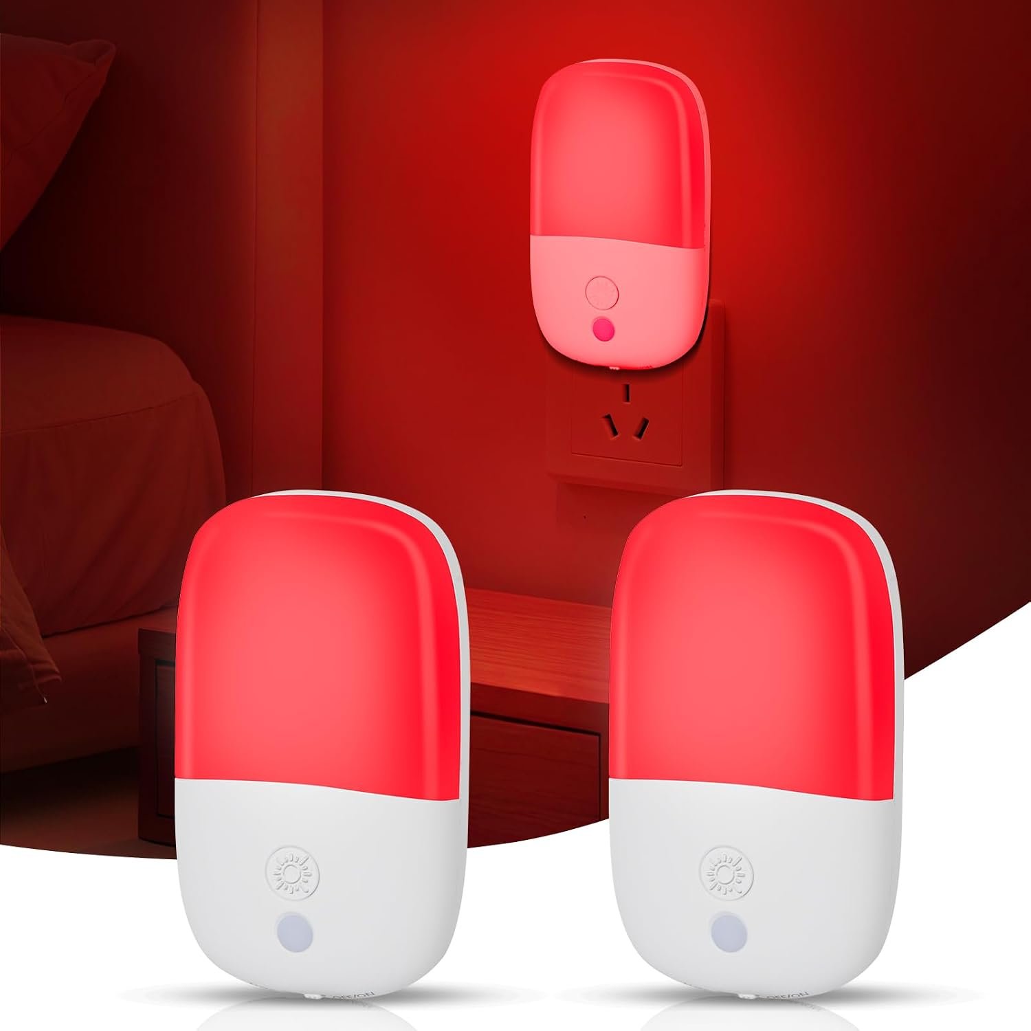 2 Pack 670nm Red Light Night Light with Dusk to Dawn Sensor for Sleep