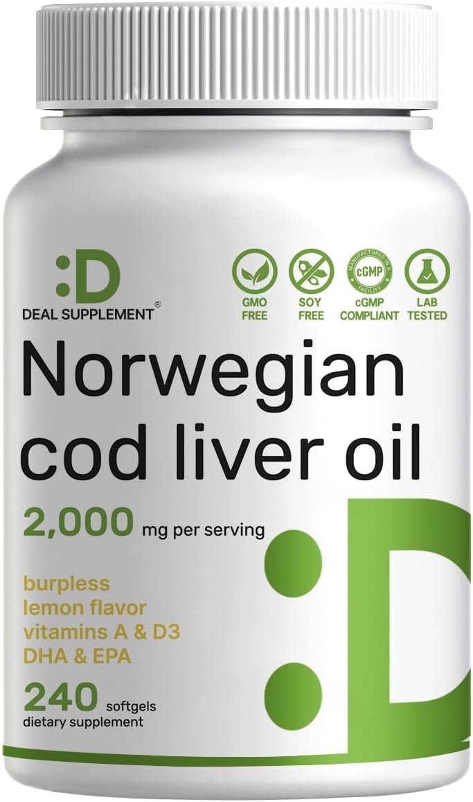 Wild Caught Cod Liver Oil 2,000mg Per Serving, 240 Softgels – Extra Strength EPA DHA Omega 3 with Vitamin D & A – Burpless, Lemon Flavored – Vision, Heart, Brain, & Immune Support