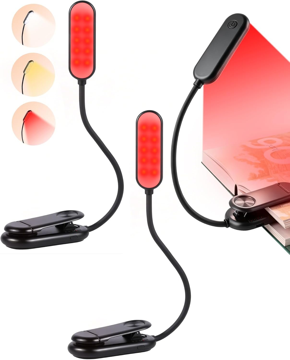 630nm Red Book Light for Reading at Night [2 Pack] – Zero Blue Light, Dimmable Reading Lights for Books in Bed, LED Book Lamp Clip on, Gift for Students Parents Nurse Studying Travel