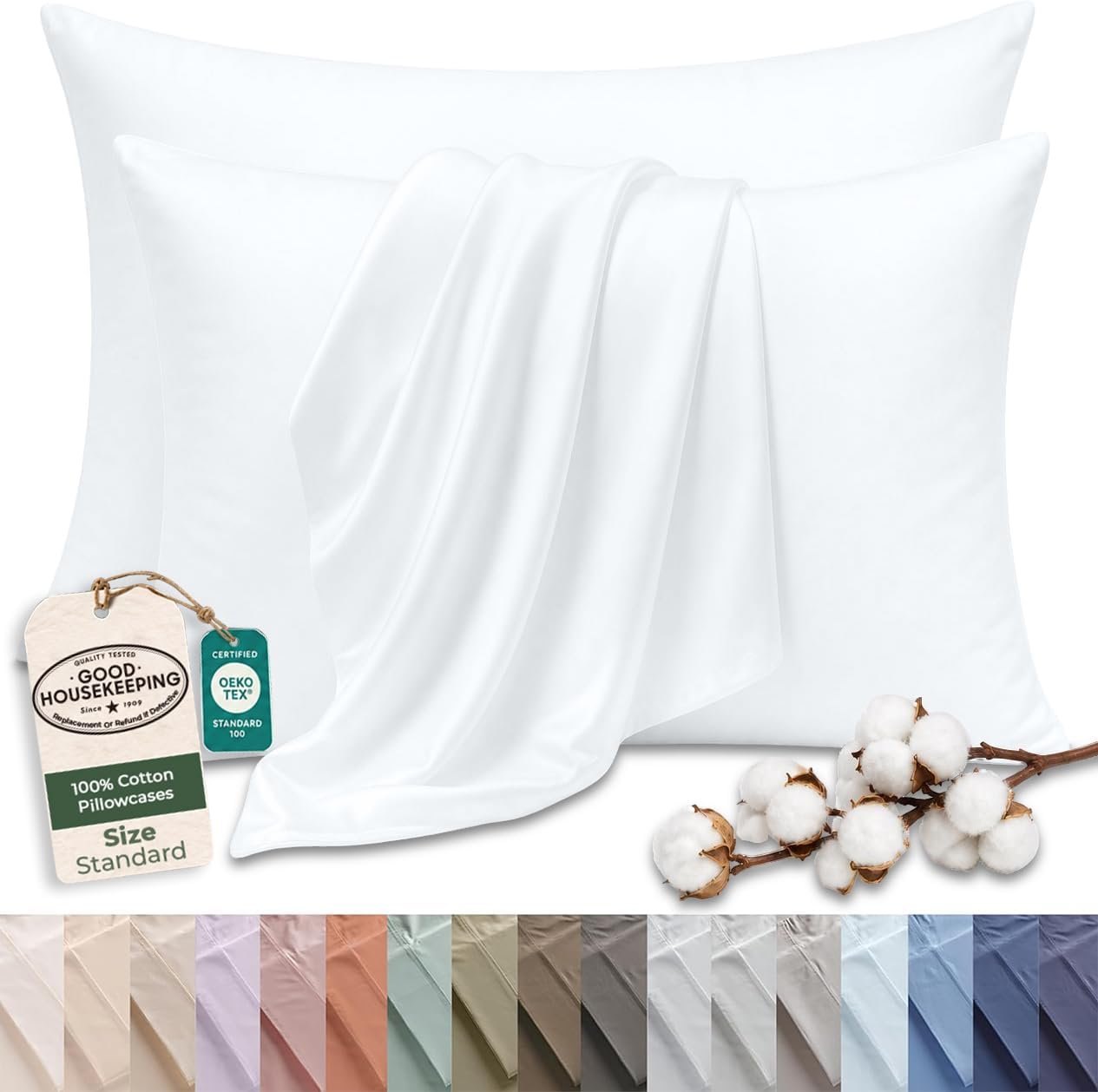 Royale Linens 100% Cotton Pillow Cases Standard Size Set of 2 – Percale Pillowcase – White Pillow cases Super Soft Cooling & Breathable Hotel Cotton Pillowcases, Fits Standard Pillows (20″x26″, White)