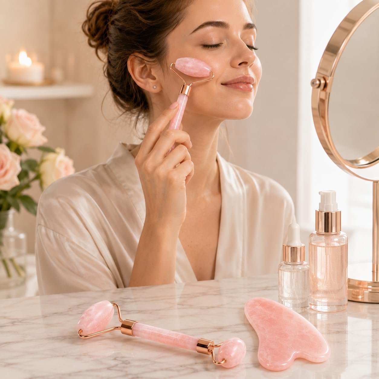Rose Quartz Face Roller & Gua Sha Set for Facial Massage, Cooling Skin Care Tool for Face Neck Eyes, Relaxing Self Care Beauty Gift