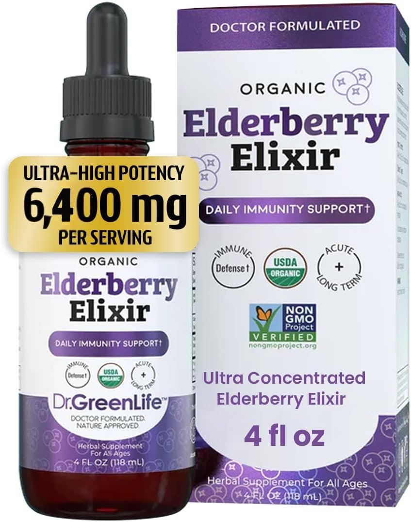 Dr. Green Mom Elderberry Syrup Organic — Elderberry Elixir for Babies, Toddlers & Kids — Cold & Flu Organic Liquid Drops — No Honey — High Potency — Newborn Infant Immune Support & Boost — 4 fl. oz