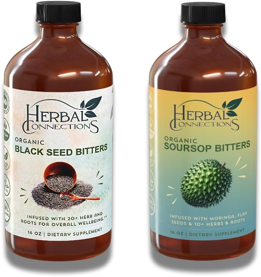 Herbal Connections Organic Soursop & Black Seed Bitters Bundle – Natural Plant-Based Ingredients for Gentle Detox & Digestive Health Two Bottles, 32 Ounces (16 Ounces Each), 64 Servings