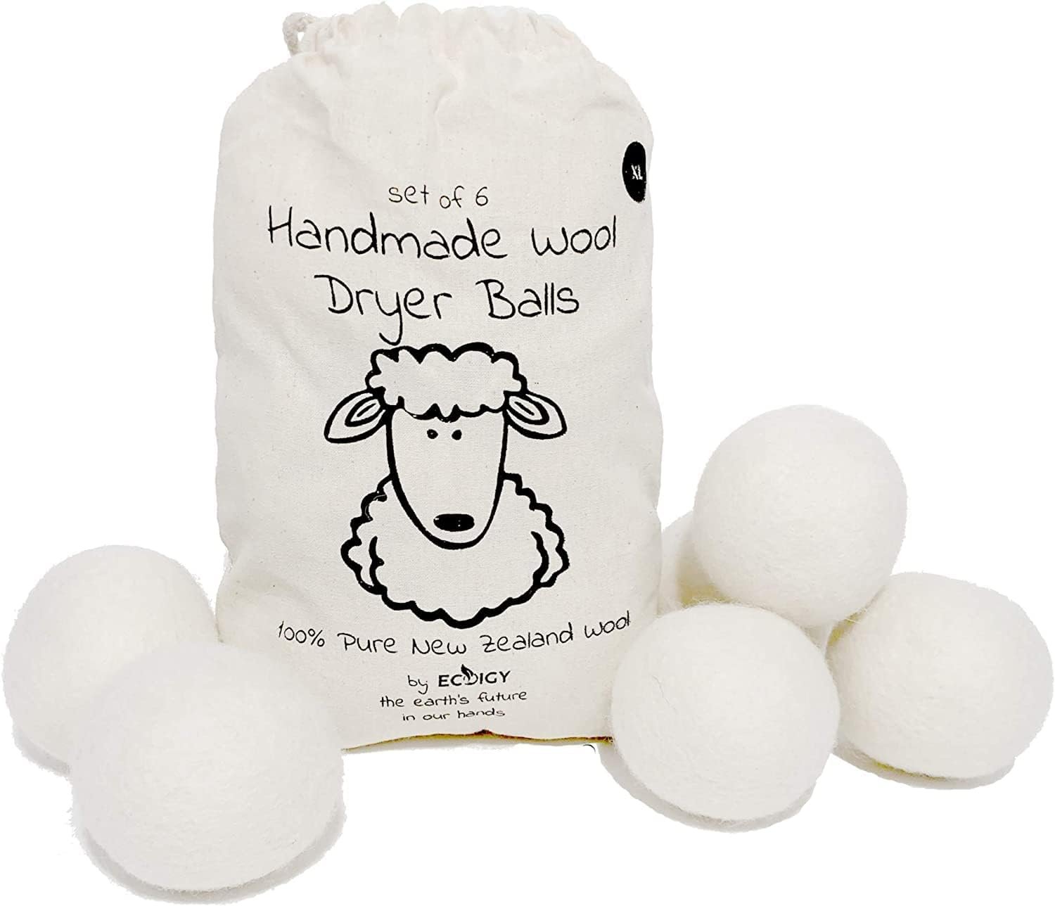 Wool Dryer Balls XL 6-Pack – 100% Pure New Zealand Wool, Ecoigy Natural Fabric Softener, Reduces Wrinkles & Drying Time, Ideal for Essential Oils, Dryer Sheets Alternative,Dryer Balls Laundry Reusable
