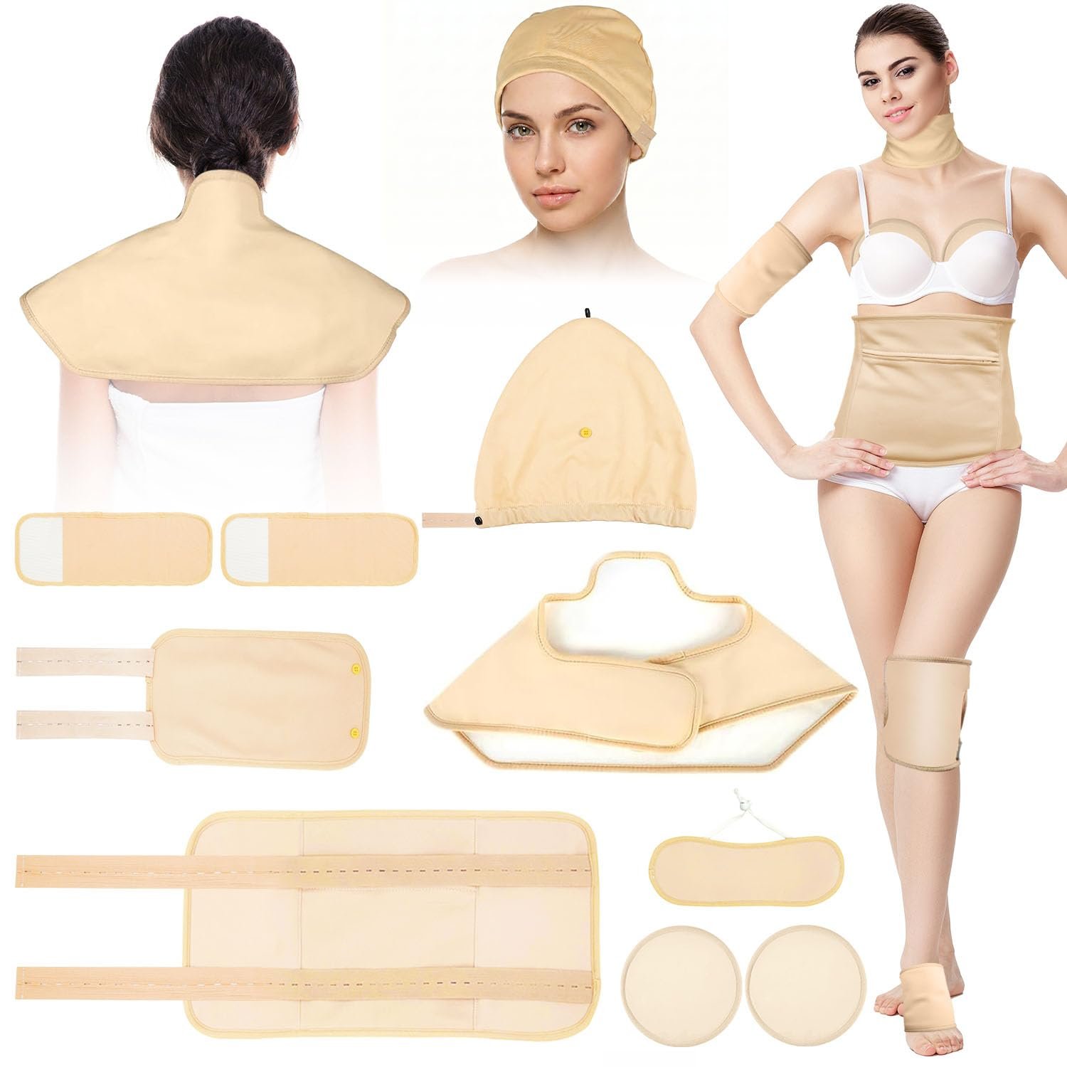 Castor Oil Pack Wrap, 9Pcs Reusable Castor Oil Wrap Set Organic Cotton for Shoulder Neck Stomach Chest Knees and Feet, Overnight Hair Wrap for Sleep Hair Cap with Leak-Resistant Adjustable Design