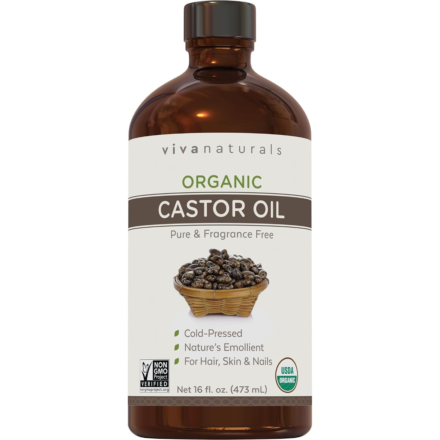 Viva Naturals Organic Castor Oil, Cold-Pressed, 16 fl oz – For Face, Hair, Eyelashes, USDA Organic, Non-GMO – Glass Bottle