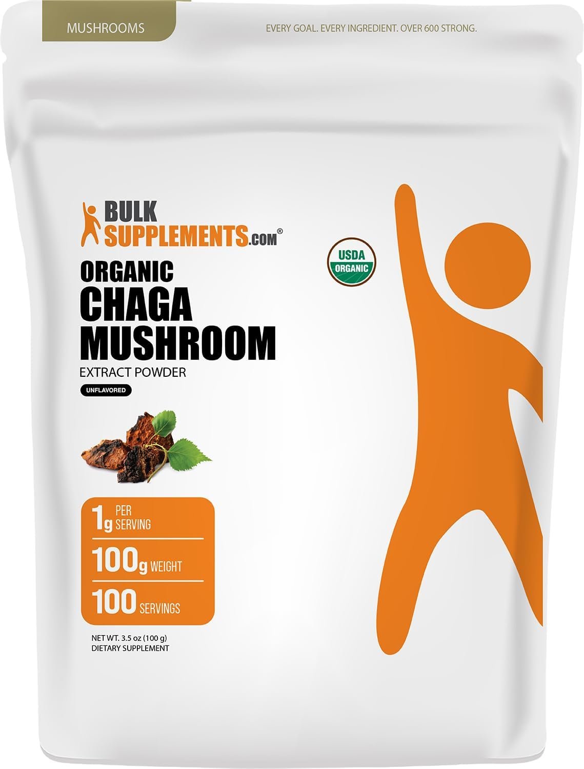 BulkSupplements.com Organic Chaga Mushroom Extract Powder – Organic Chaga Powder, Mushroom Supplement – Gluten Free, 1g per Serving, 100g (3.5 oz) (Pack of 1)