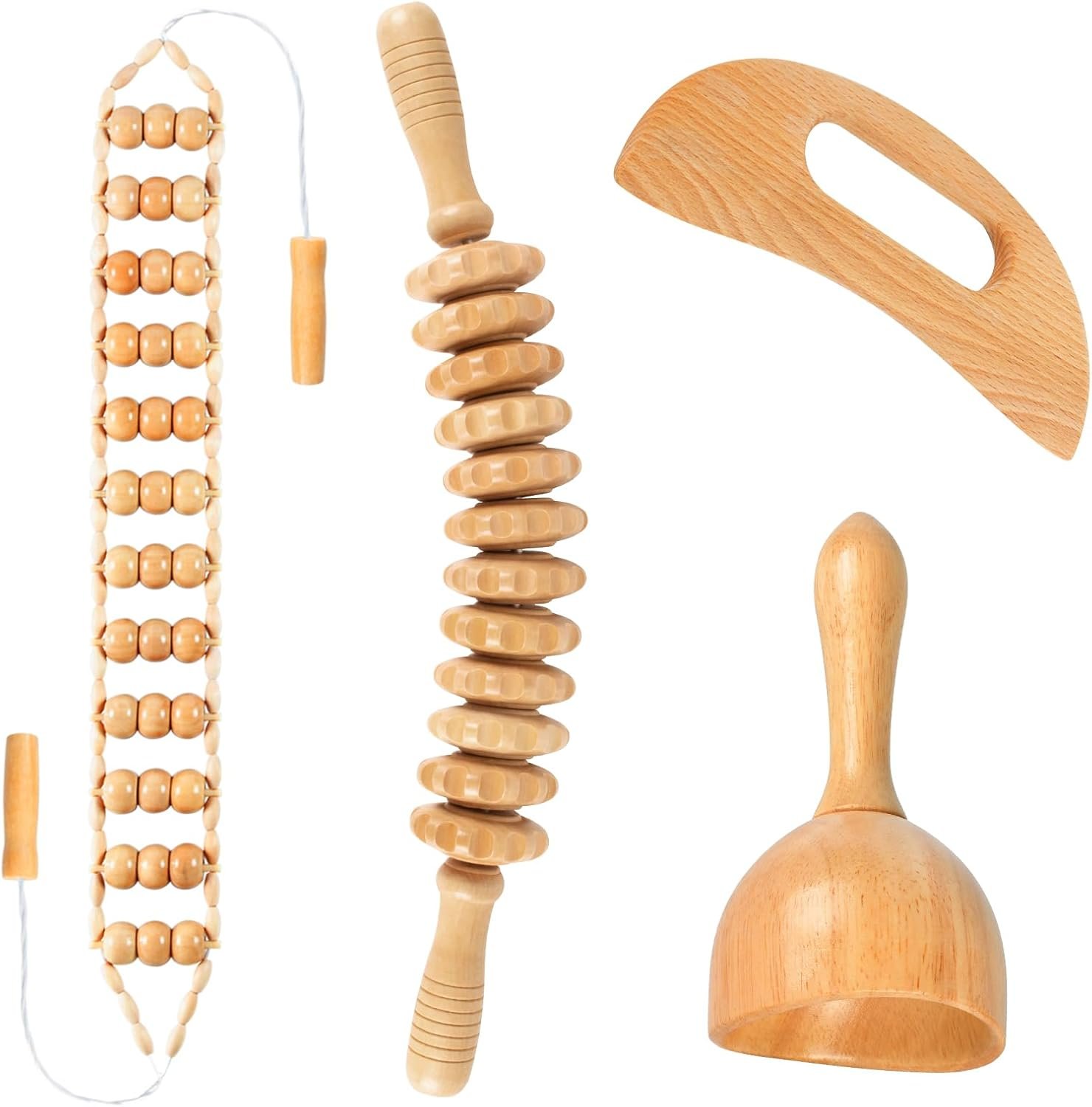 KintKita Wood Therapy Massage Tools 4-in-1, Wooden Lymphatic Drainage Massager Body Cellulite Remover, Professional Maderoterapia Kit Cellulite Massager for Body Sculpting,Contouring,Relief Muscle
