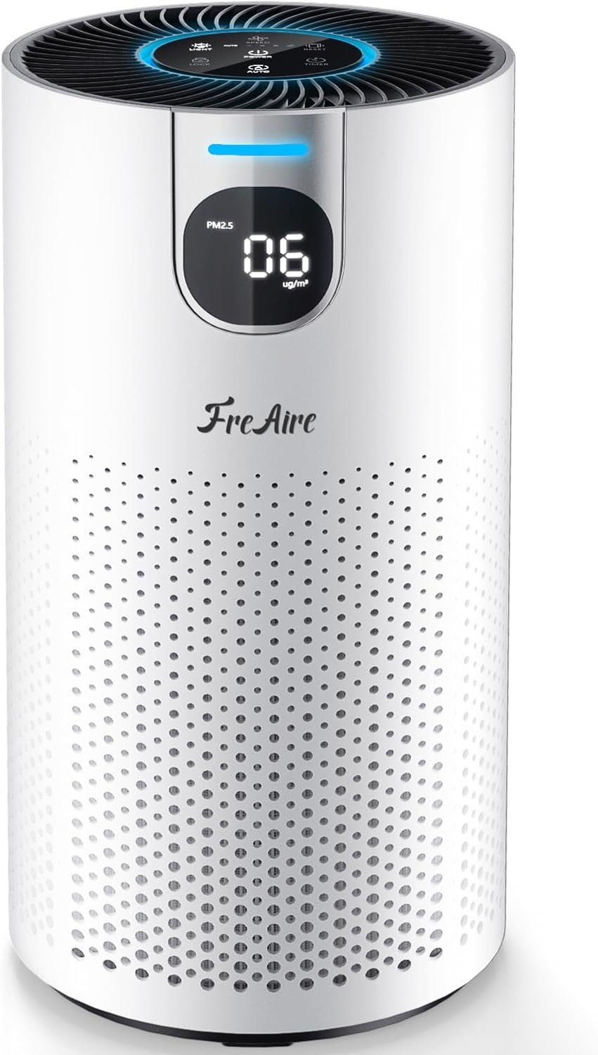 FreAire Air Purifiers for Home Large Room Covers up to 1800Ft², VisionAir 20dB Sleep Mode for Bedroom, with Real-Time AQI & PM2.5 Display,360°Intake&Outlet Air Cleaner Pet-Friendly HEPA,HAP606,White
