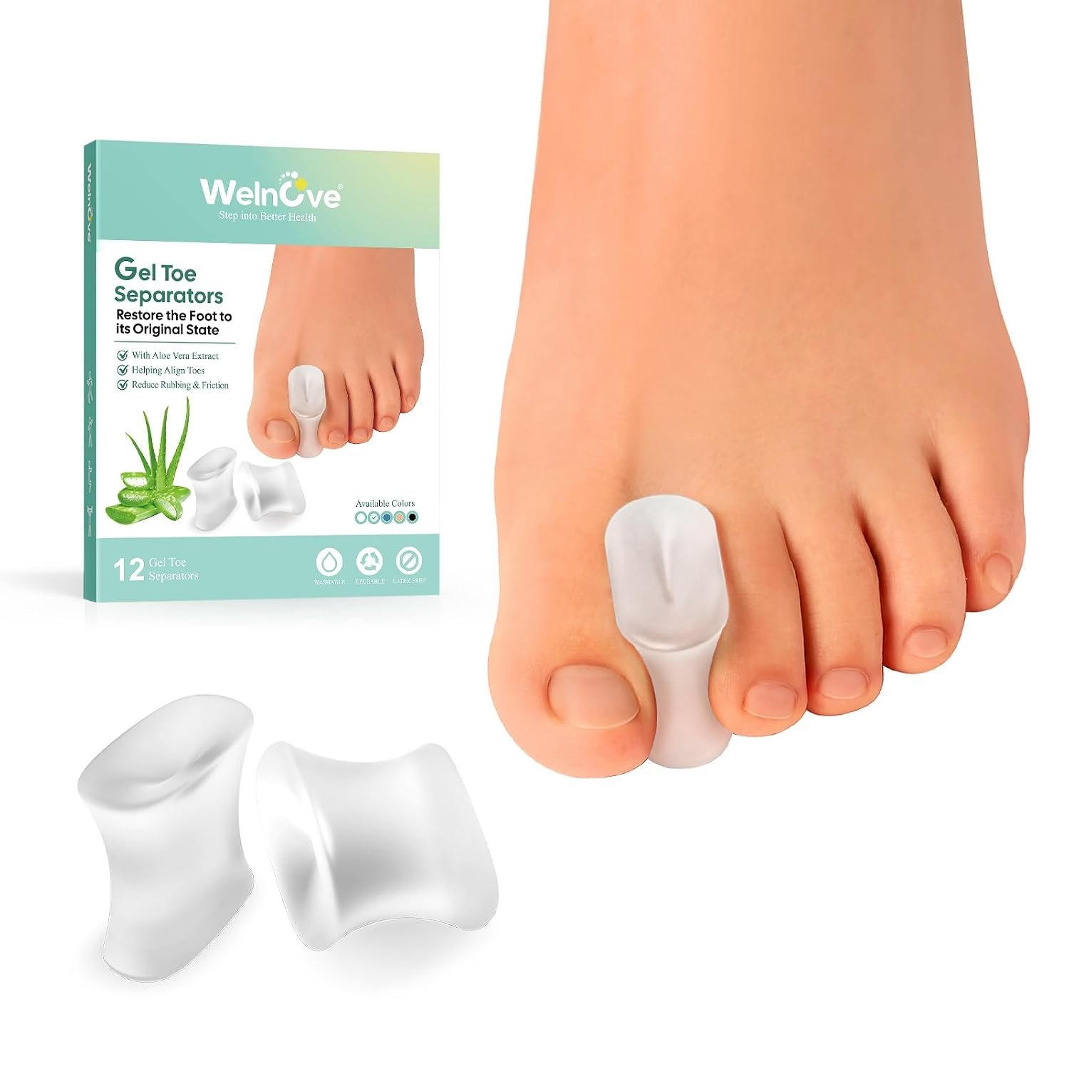 Welnove 12-Pack Gel Toe Separators – Bunion Pads – Toe Spacers for Straightening Overlapping Toes for Men and Women – Transparent