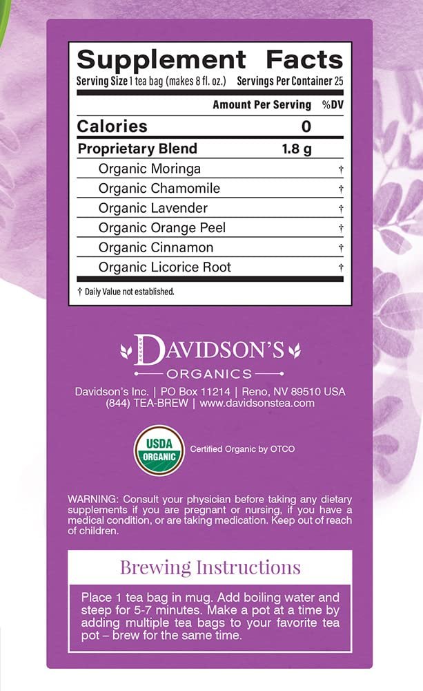 Davidson’s Organics, Moringa Chamomile Lavender, 25-count Tea Bags, Pack of 6