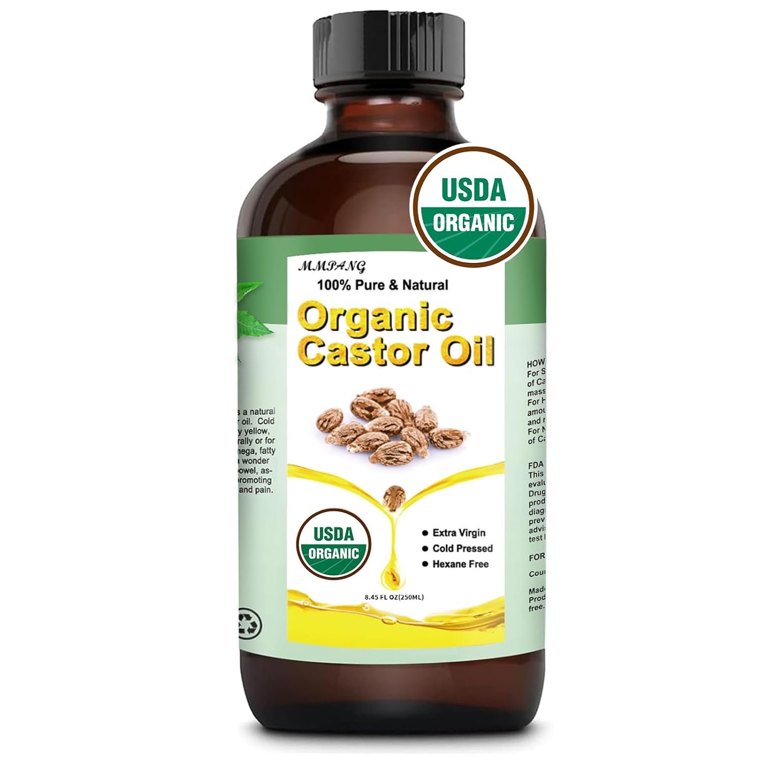Organic Castor Oil, USDA Certified, Cold Pressed, 8 oz Glass Bottle