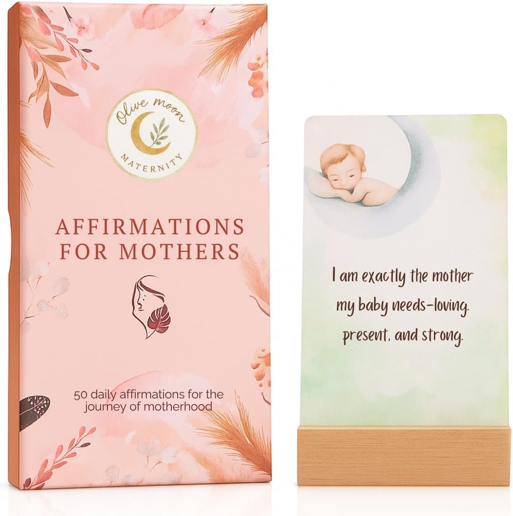 New Mom Affirmation Cards with Wooden Stand – 50 Honest Postpartum Affirmation Cards for Moms, New Mom Gifts & Essentials, Postpartum Care Package for Self Care & Emotional Healing