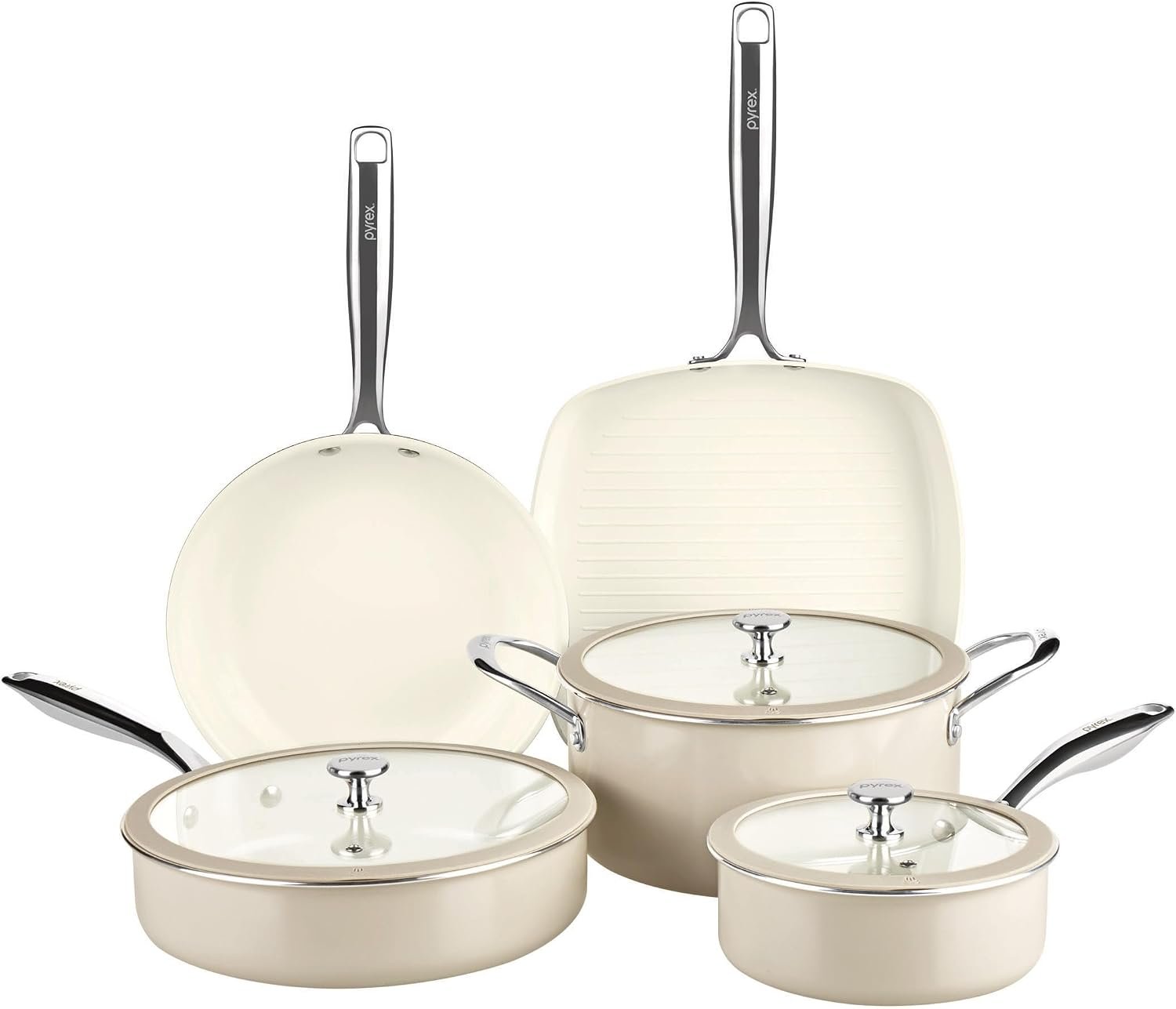 Pyrex 8-Piece Ceramic Cookware Set, Pots and Pans with Lids & Handles