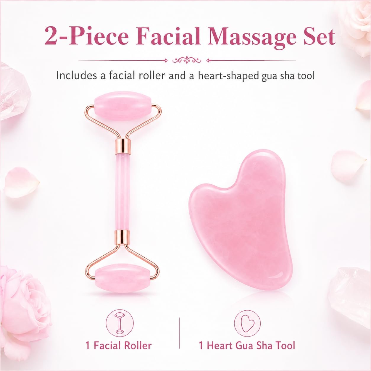 Face Massager Rose Quartz Face Roller & Gua Sha Facial Tool Set, Muscle Tension Relief, Skin Care Gifts for Woman/Men, Skin Care Gifts