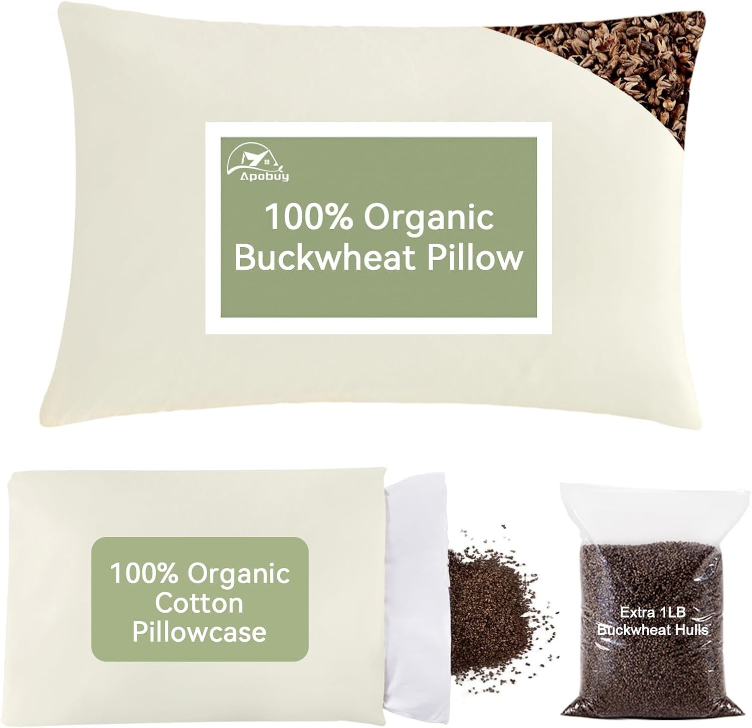 20×26 Large Organic Buckwheat Pillow with Extra Cotton Pillowcase and Tartary Buckwheat Hulls, Adjust Height and Firmness, Firm Neck Support Pillow for Back and Side Sleepers, Cooling