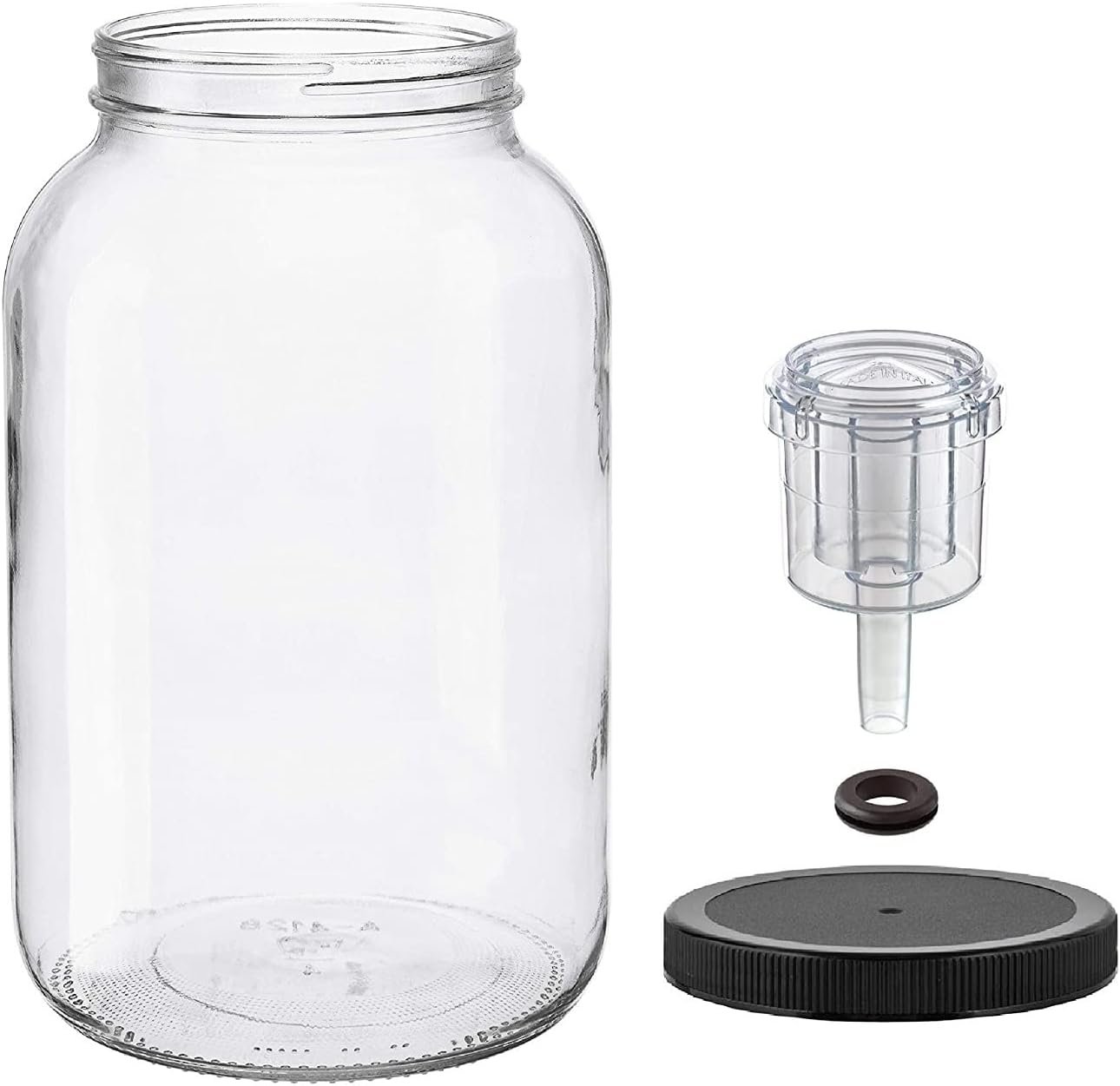 North Mountain Supply 1 Gallon Glass Jar Wide Mouth with Grommeted Black Plastic Lid, and 2-Piece Airlock – USDA, BPA-Free, Made in the USA – for Fermenting, Kombucha, and Much More!