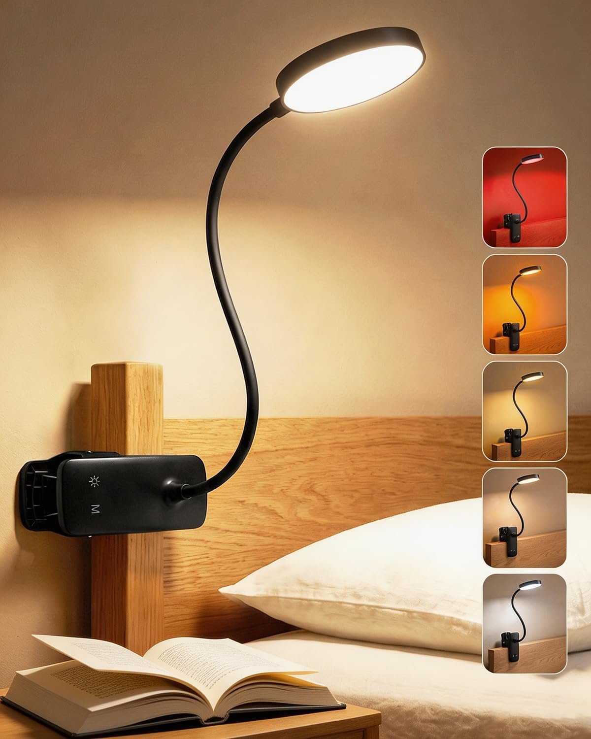 Rechargeable Clip On Light for Reading Books in Bed, 5 Modes & Dimmable