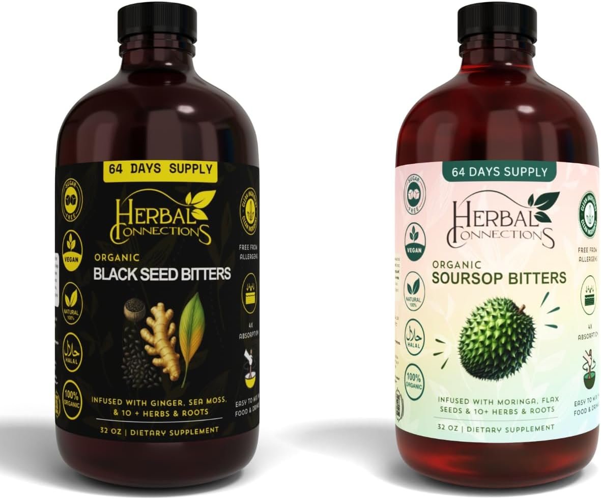 Black Seed & Soursop Bitters Bundle – 2 x 32 oz Bottles – 64-Day Supply – Vegan Organic Herbal Tonic for Digestive Health & Overall Wellness – No Sugar, Made in USA.