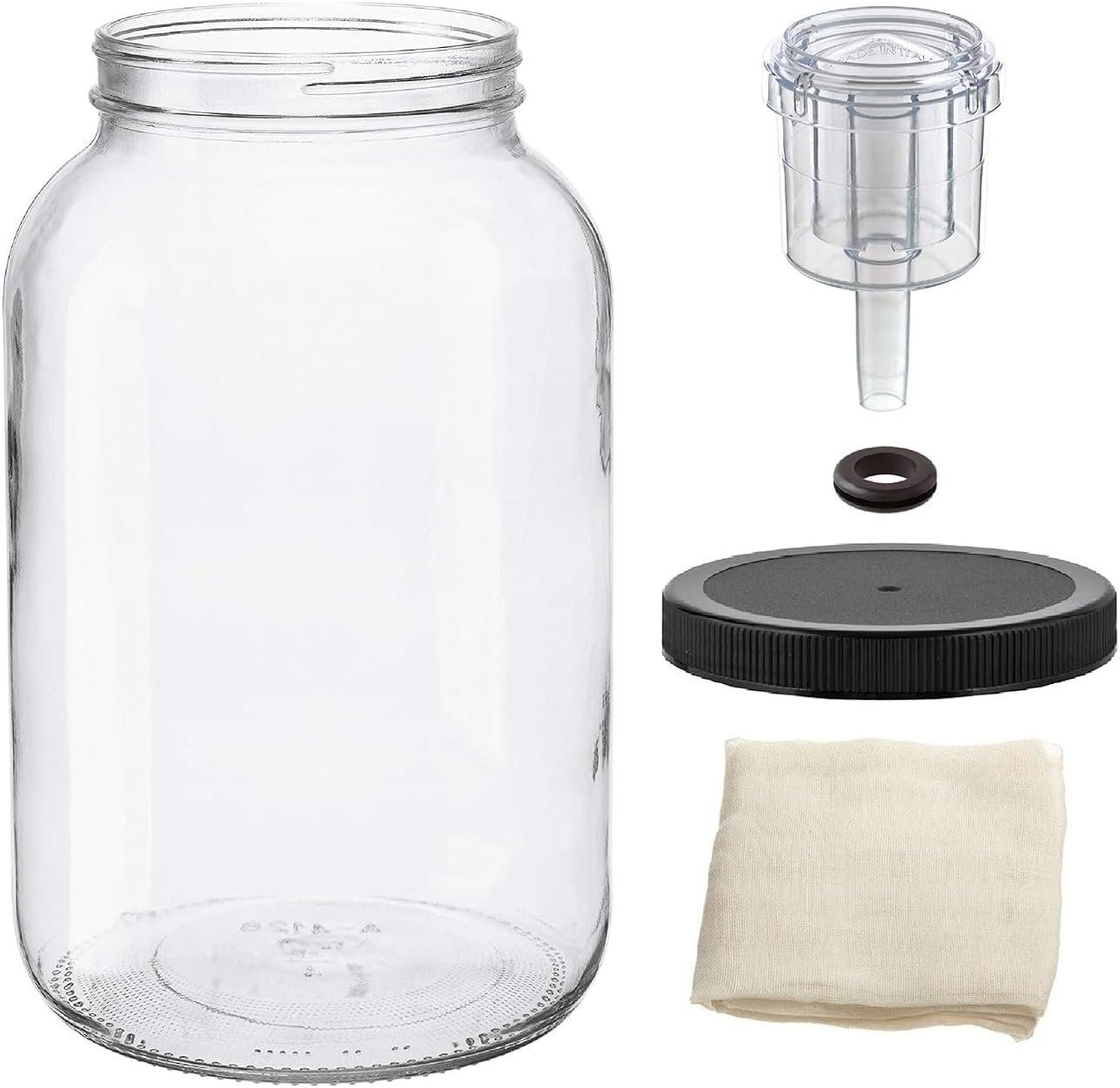 North Mountain Supply 1 Gallon Glass Wide Mouth Jar With Drilled Black Plastic Lid, 2-Piece Airlock, & Cheesecloth – USDA Approved, BPA-Free, Dishwasher Safe For Fermenting