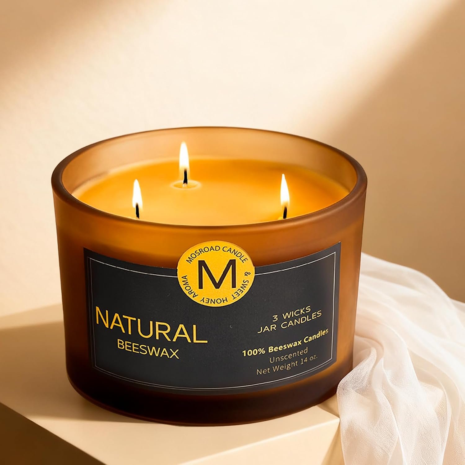 3 Wick Beeswax Candle in Jar, Natural Beeswax Candles Non Toxic for Air Purification, Honey Aroma Bees Wax Jar Candle for Home Decor, Fragrance Free, Paraffin Free