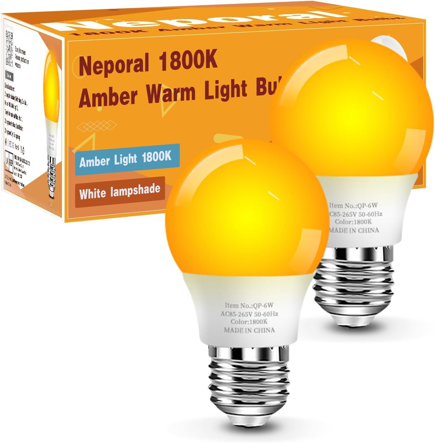 Neporal 2-Pack Amber Sleep Light Bulb A15 LED 6W (40W Equivalent), E26 Base, 1800K, No Blue Light Bulbs, Flicker Free Night Light Bulb for Bedroom, Nursery, Bedside Lamp