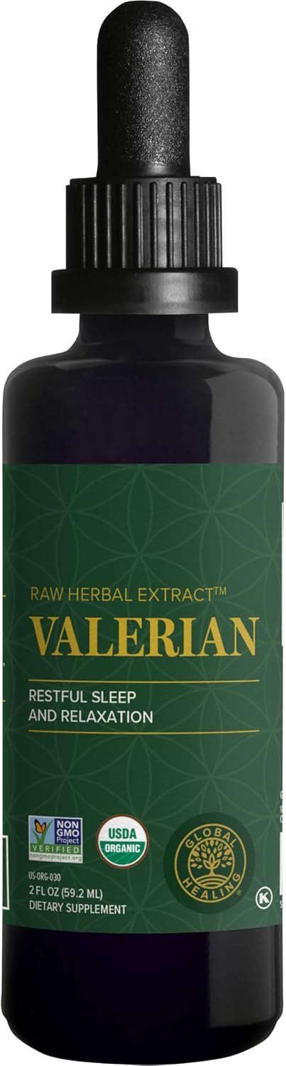 Global Healing Organic Valerian Root Extract Liquid Supplement – Raw Herbal Extract for Healthy Relaxation, Sleep & Calm -Alternative to Valerian Root Capsules for Bioavailability – 2 Fl Oz