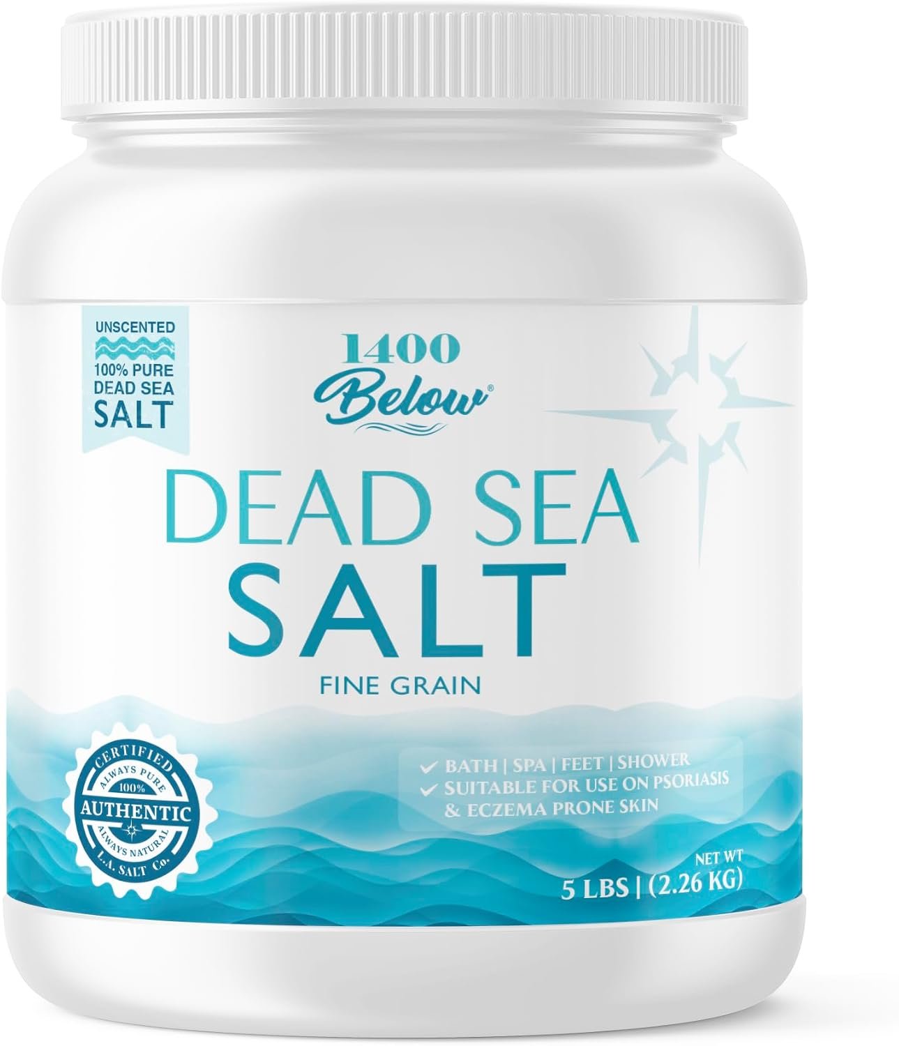 LA SALT CO 1400 Below 5 Lbs Jar Dead Sea Salt, Fine Grain – Foot and Spa Bath Soak, Exfoliating Body Scrub, 100% Pure and Mineral-Rich, Highest Mineral Content – Natural Muscle Tension Relief