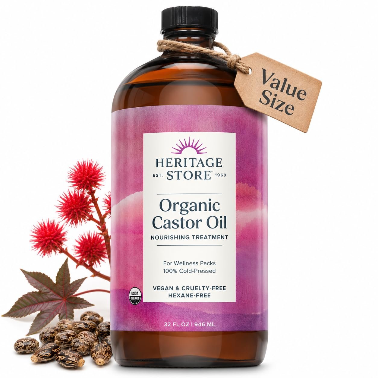 HERITAGE STORE USDA Organic Castor Oil, Cold Pressed, 32 fl oz