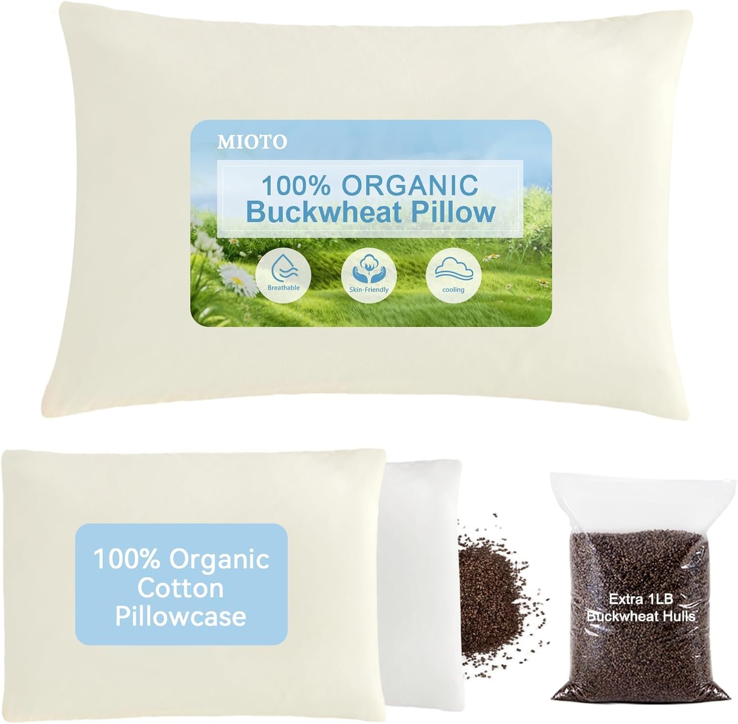 MIOTO Organic Buckwheat Pillow for Sleeping with Extra Cotton Pillowcase and Tartary Buckwheat Hulls, Adjust Height and Firmness, Neck Support Pillow for Back and Side Sleepers 20″x26″
