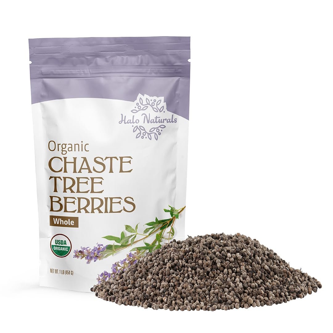 Halo Naturals Organic Chaste Tree Berries Whole Cut & Sifted, 1 Pound (Vitex agnus castus) USDA Certified | Resealable Pouch| Packaged in The USA