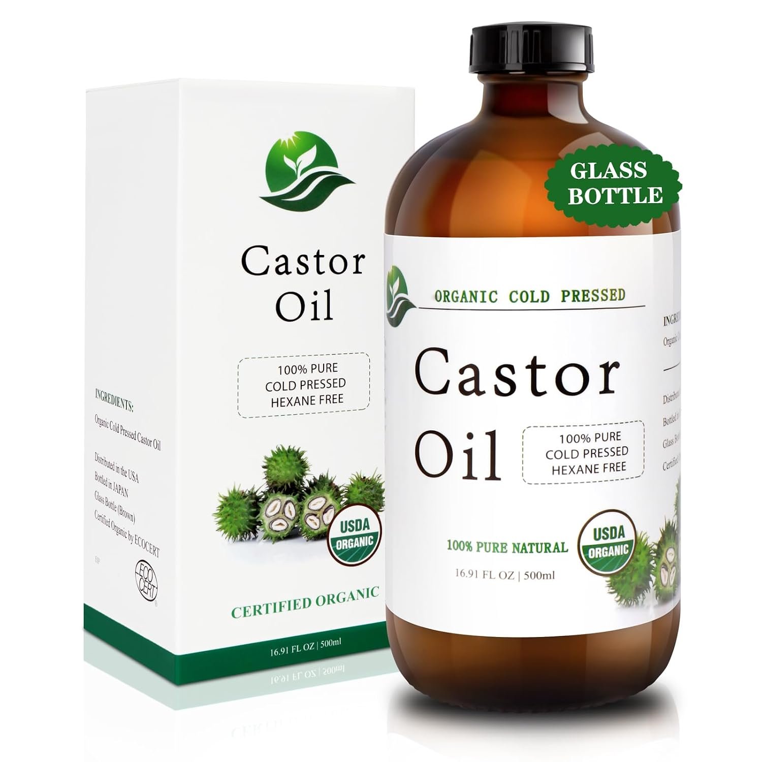 Castor Oil Organic Cold Pressed Unrefined Glass Bottle-Organic Certified 100% Pure Castor Oil,Hexane Free,Organic Castor Oil for Face,Hair Growth,Eyelashes,Caster 16.91fl.oz/500ml
