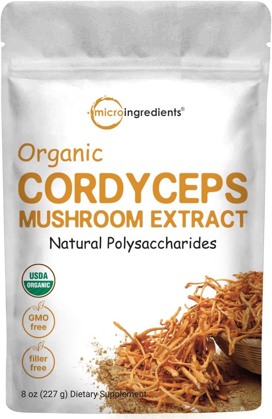 Organic Cordyceps Mushroom Extract Powder, 8 Ounces | 100:1 Fruit Body & Mycelium Extract | Active Polysaccharides & Cordycepic Acid