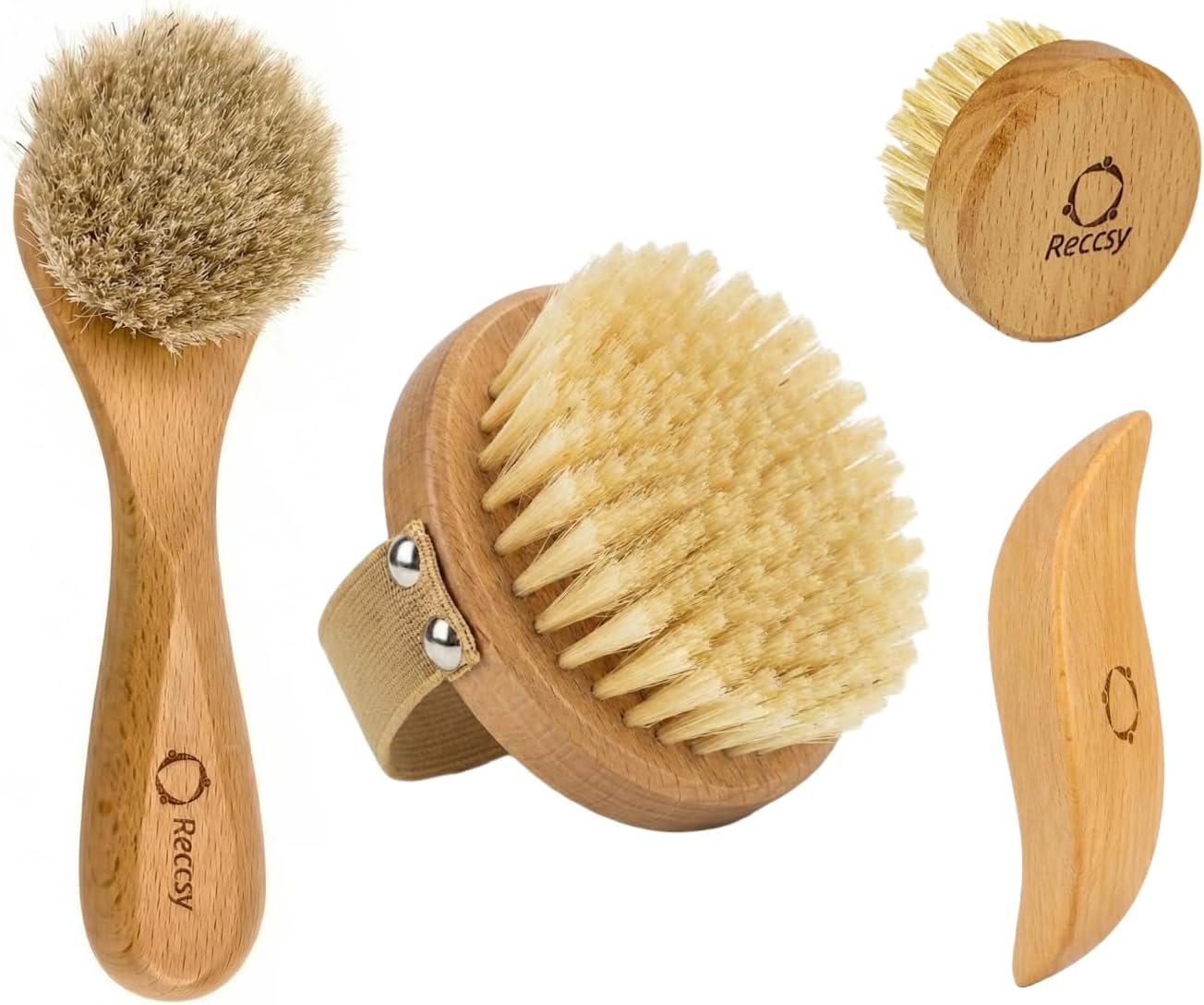 Reccsy 4-Piece Lymphatic Dry Body and Face Brush Set with Wood Gua Sha