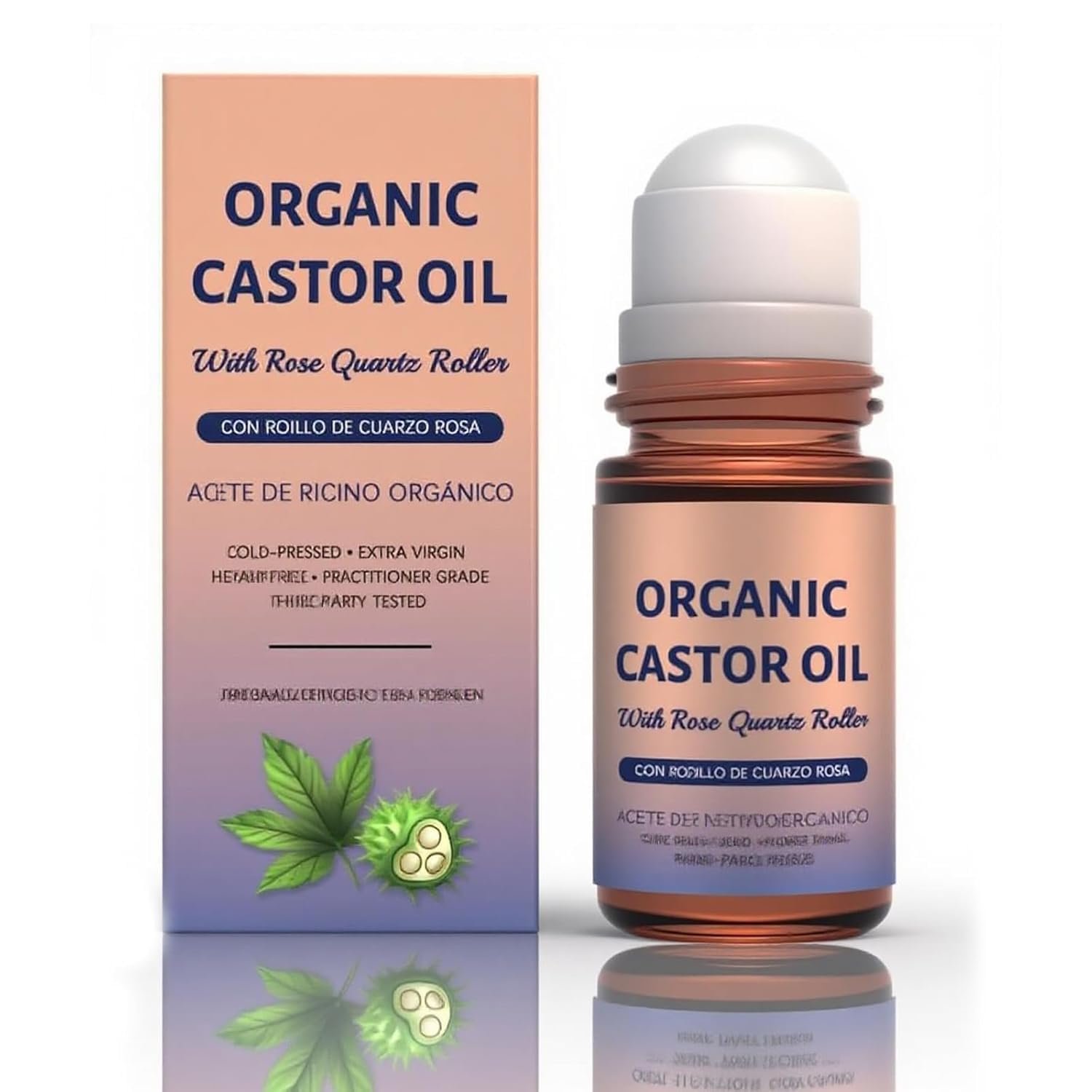 Organic Castor Oil Roll-On with Rose Quartz, 100% Pure Cold-Pressed & Unrefined, Hexane-Free, For skin, Eyebrows and Eyelashes, 50mL (1.7oz)