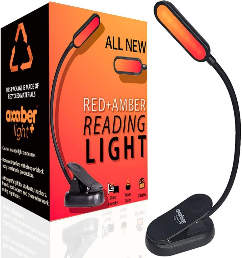 Amber Reading Light + Redlight. Giftable Blue Light Blocking Book Light for Reading in Bed