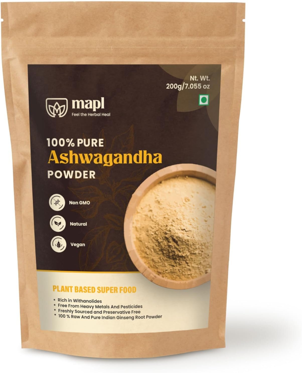 MAPL Organic Ashwagandha Powder (Indian Ginseng) 7.055 oz – Premium Quality, Pure and Natural Ingredients, Ayurvedic Ginseng Supplement to Support Health