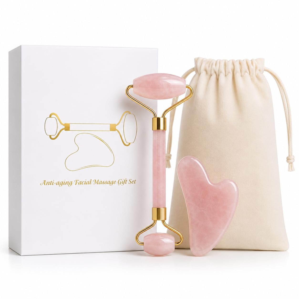 Rose Quartz Jade Roller & Gua Sha Set for Face, Facial Massage Tools for Lymphatic Drainage, Reduce Puffiness, Improve Circulation, Face Sculpting & Skin Care Kit with Storage Bag