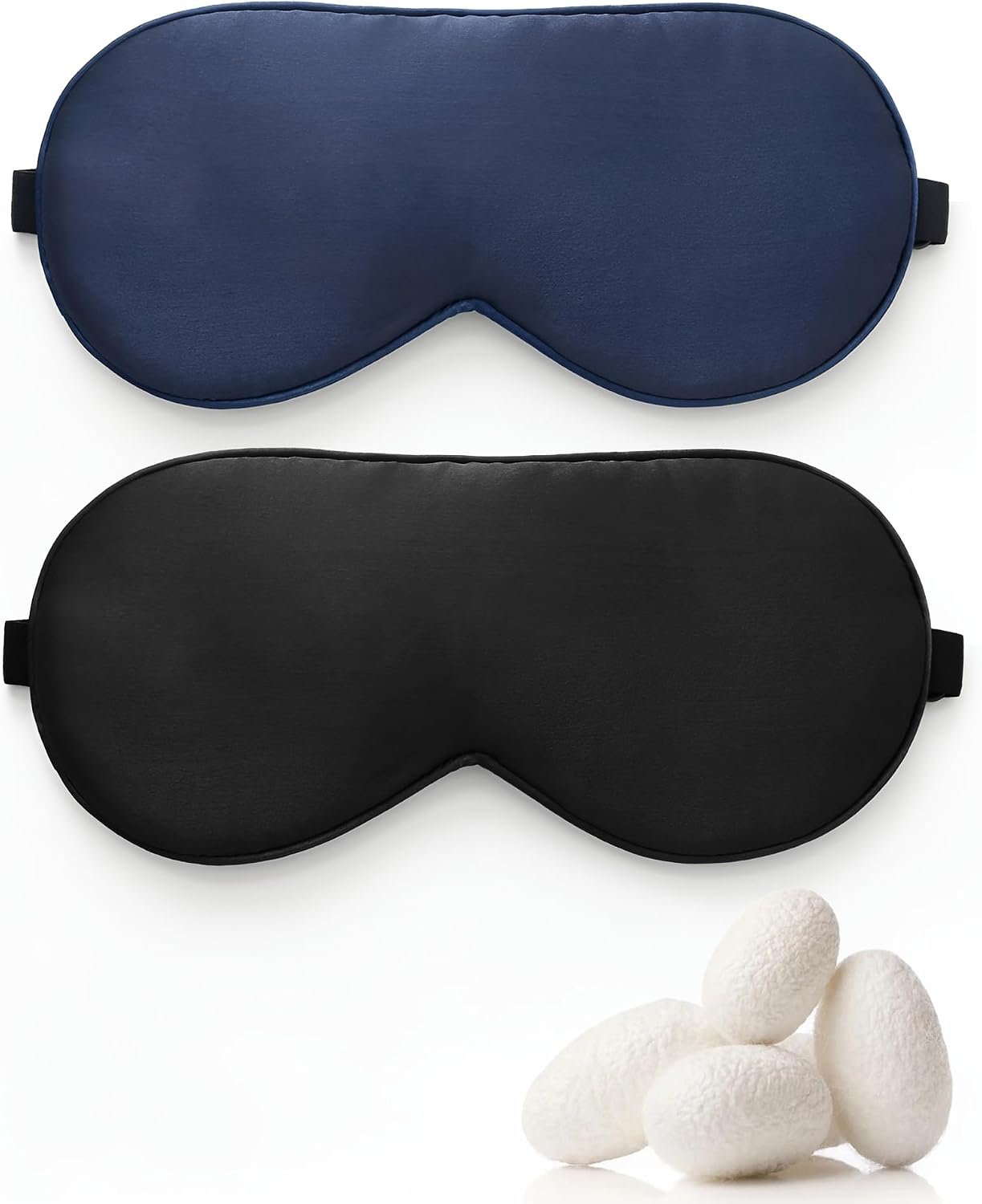 2 Pack 100% Mulberry Silk Sleep Mask with Adjustable Strap, 16-Momme Light-Blocking Hypoallergenic Eye Mask for Sleeping, Pure Silk Eye Masks for Women Men Travel Gifts（Black + Navy Blue）
