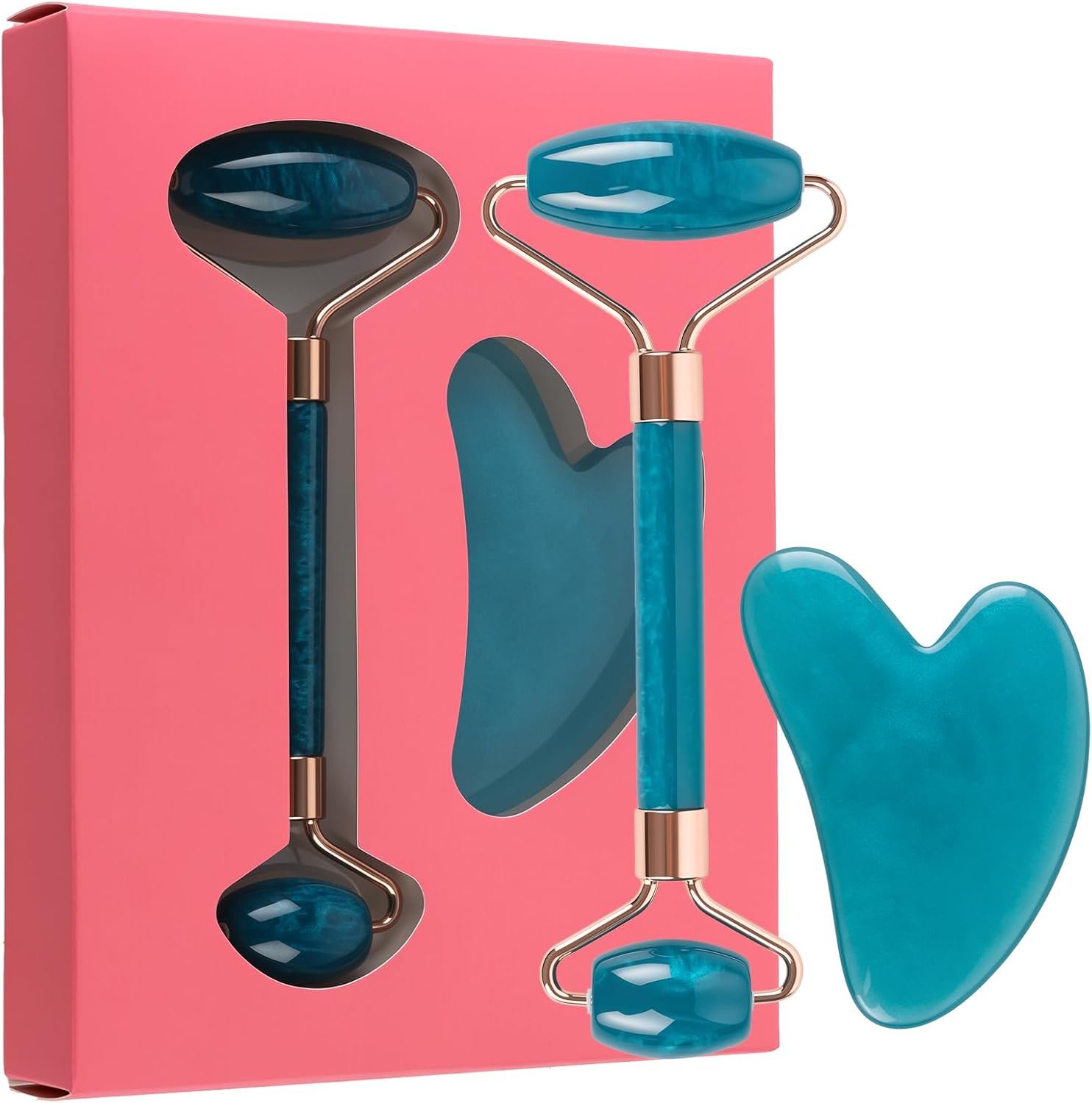 Dark-Blue Resin Facial Roller & Gua Sha Set – 2-in-1 Beauty Tool
