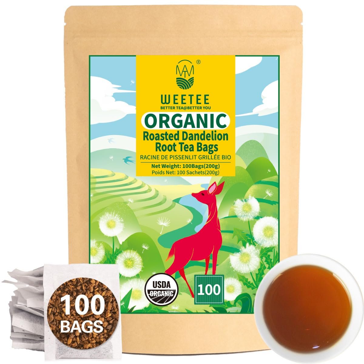 WT WEETEE Organic Roasted Dandelion Root Tea Bags 100ct, Coffee Alternative