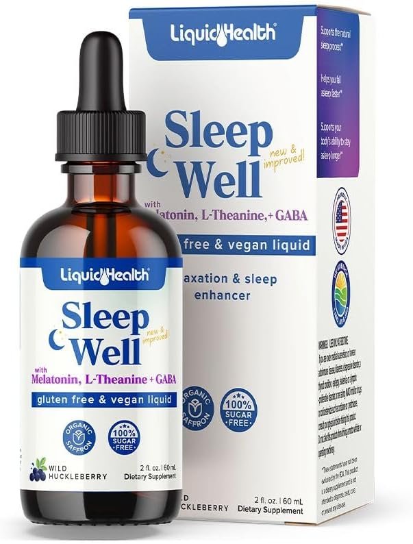 LIQUIDHEALTH Sleep Well Natural Sleep Aid Melatonin Drops – Better Sleep & Mood, Relax & Calm Mind, Fall Asleep Faster Stay Asleep Longer – Made in USA, Vegan, Sugar-Free, Drug Free, Non-GMO (2 oz)