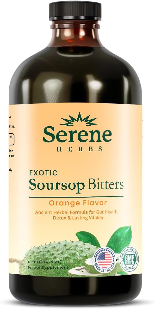 Serene Herbs Soursop Bitters Liquid – Organic Herbal Sour SOP Guanabana with Black Seed, Moringa, Irish Moss & Ginger – Gut Support, Energy & Immune Boost – Vegan, Non-GMO – Orange Flavor – 16 oz