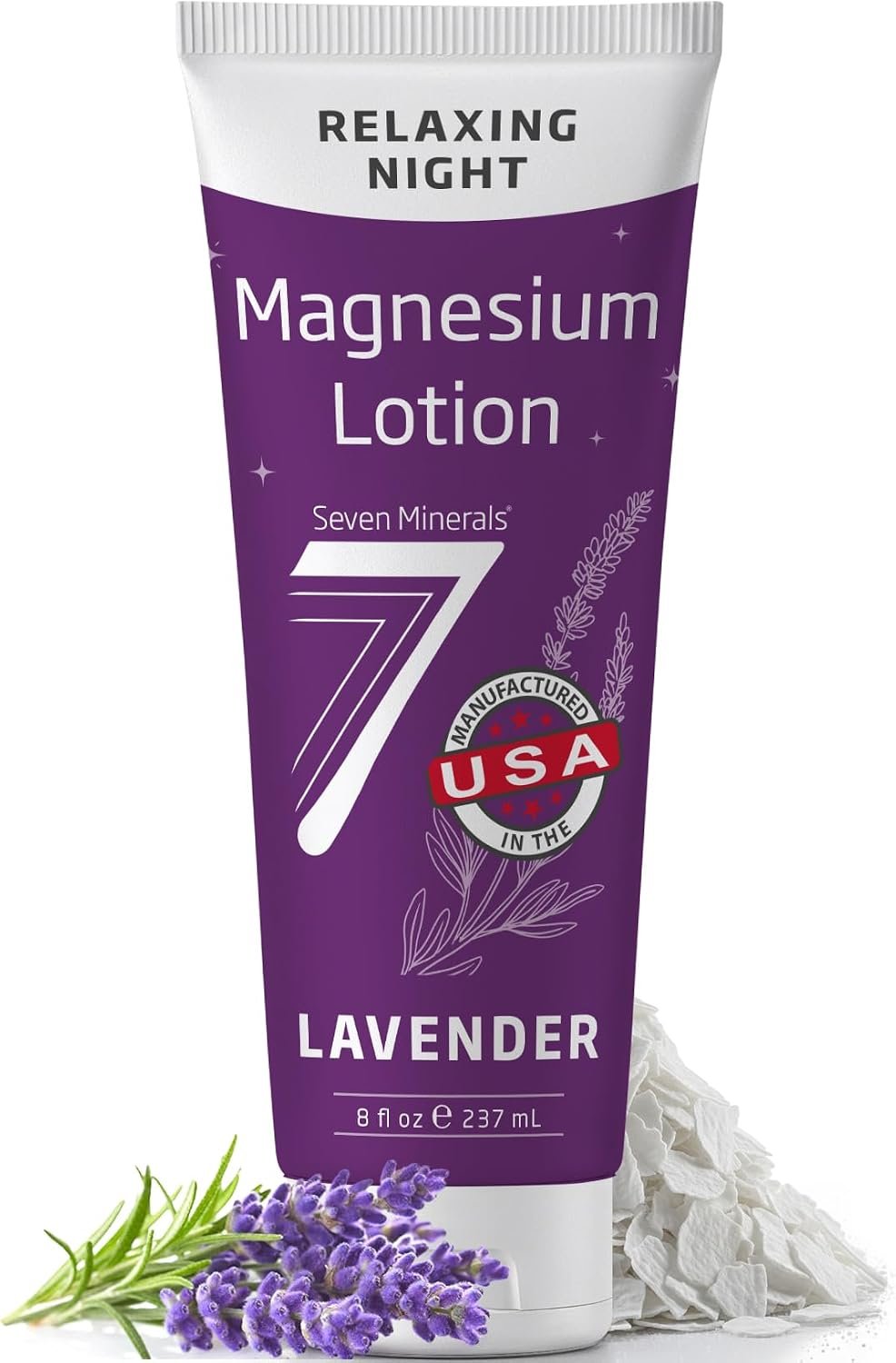Seven Minerals Magnesium Lotion for Sleep – Lavender Relaxing Night Blend – Highly Concentrated Magnesium for Better Sleep, Body & Mind Relaxation. Non-Greasy Skin Friendly – 8 fl oz Tube