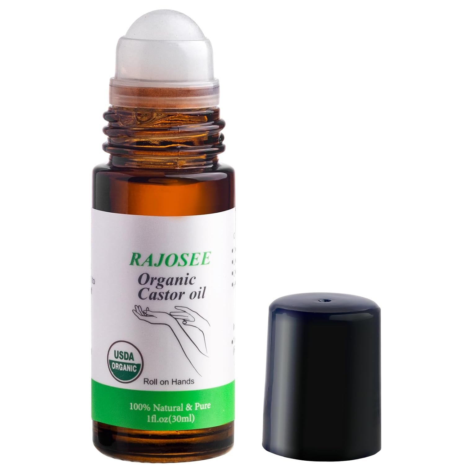 RAJOSEE Castor Oil Roll on in Glass Bottle, Certified Organic Castor Oil Roller for Body Hair Skin Lip Eyebrow Pure Organic Cold Pressed Essential Oil – 1fl.oz