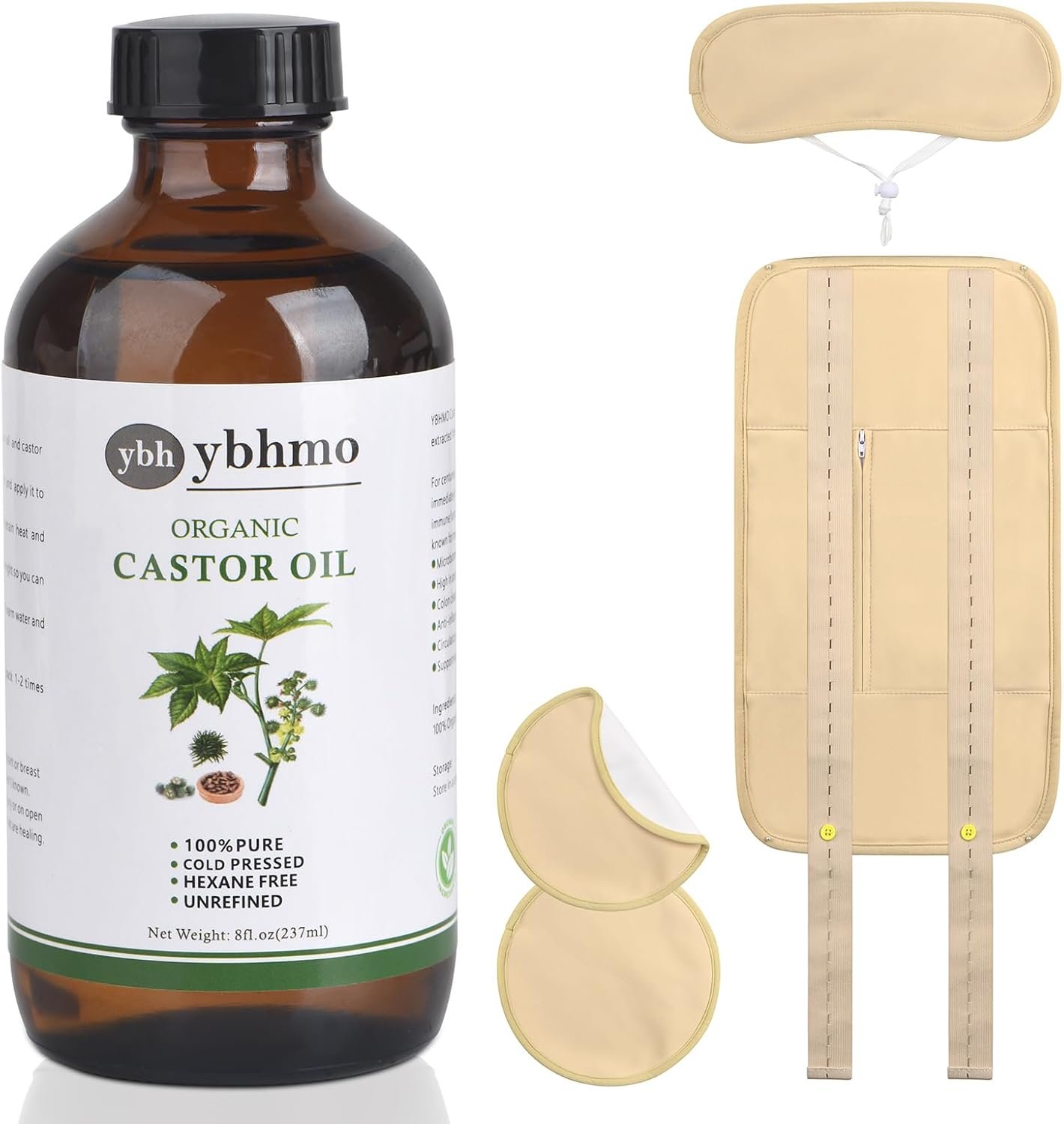YBHMO Organic Castor Oil 8fl oz – Glass Bottle for Castor Oil Pack