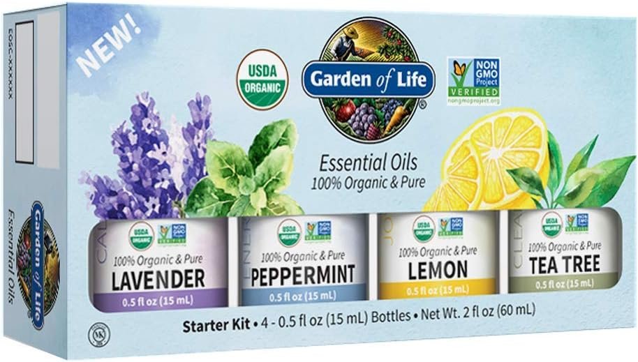 Garden of Life Essential Oils Starter Pack (Lavender, Peppermint, Lemon, Tea Tree) 2 fl oz Liquid (60 mL) – Set of 4-0.5 fl oz Bottles, 100% USDA Organic & Pure, Non-GMO, for Diffuser, Aromatherapy
